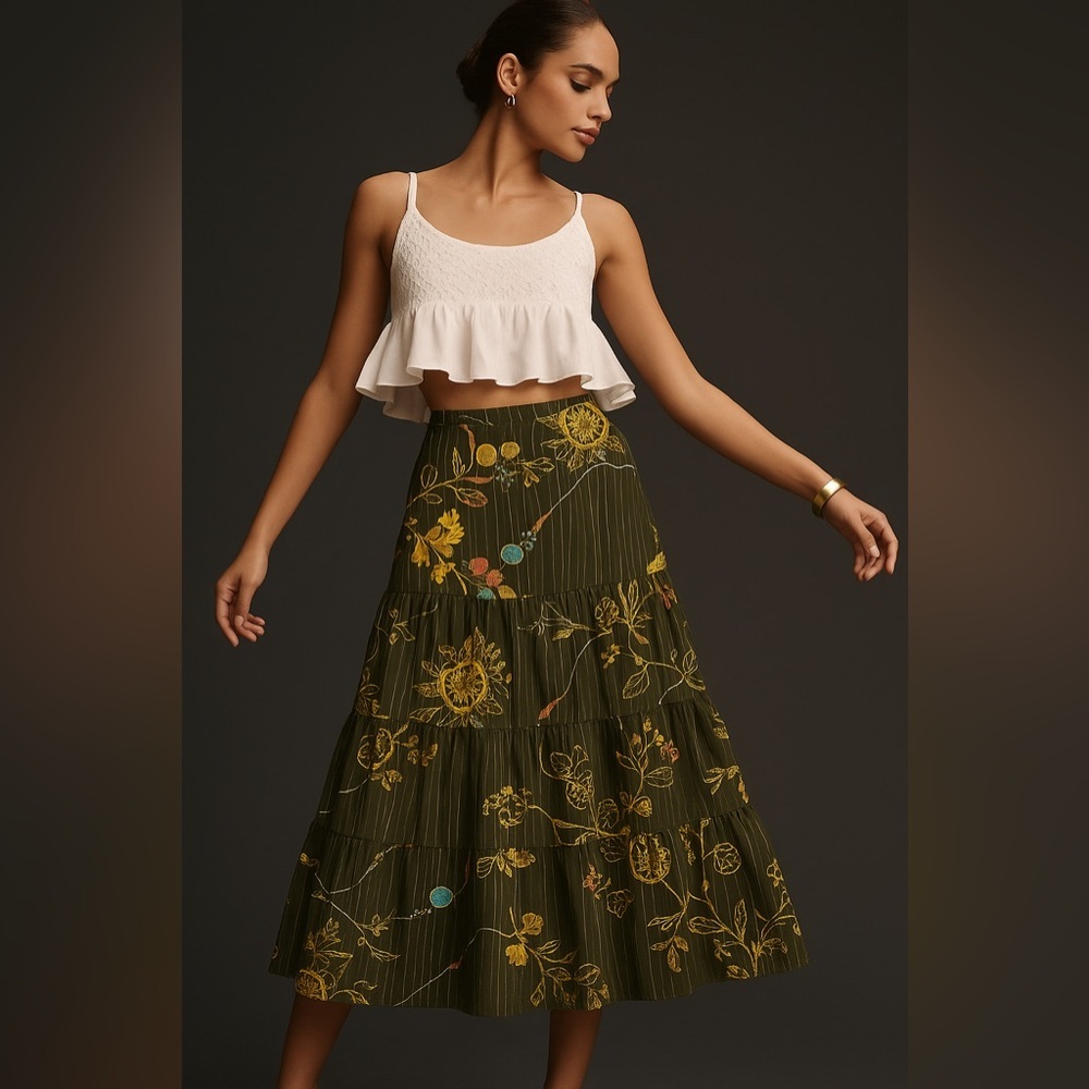 FARM Rio Olive Green Floral Tiered Midi Skirt with Yellow Embroidery